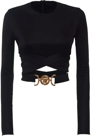 VERSACE Viscos Jersey Crossed Belt Logo Crop Top