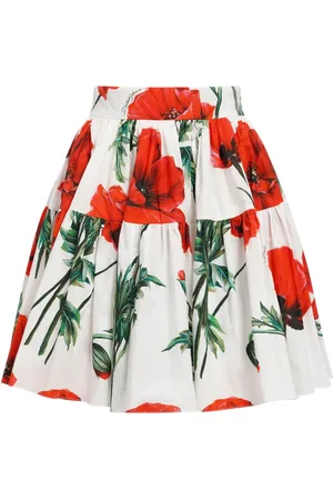 Dolce & Gabbana Poppy Print Pleated Cotton Poplin Skirt