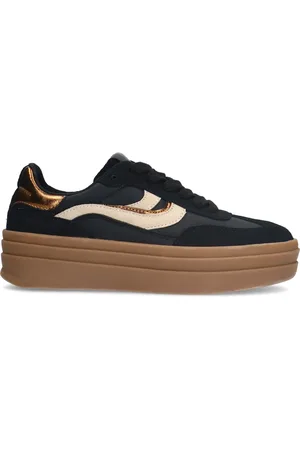 Manfield Zwarte leren sneakers met suède details