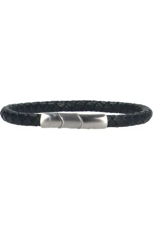 Manfield Zwarte leren gevlochten heren armband