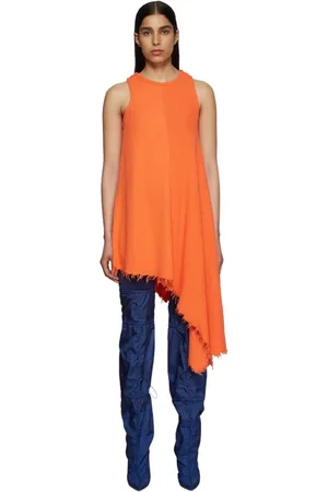 Unravel Project Kleedjes, Dames, Oranje, S, Katoen, Asymmetrische geribbelde gebreide tankjurk