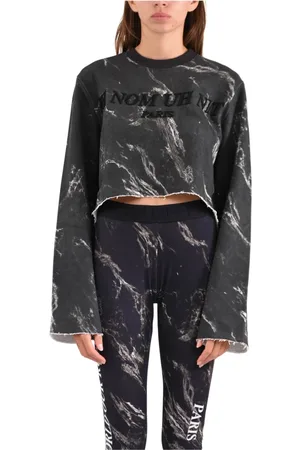 Ih Nom Uh Nit Sweatshirts & Hoodies, Dames, Zwart, S, Katoen, Sweatshirt bijgesneden marmer overal gedrukt whit -logo
