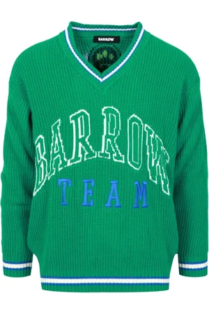 BARROW Truien, Heren, Groen, S, Wol, Groene trui met V-hals en jacquard-logo