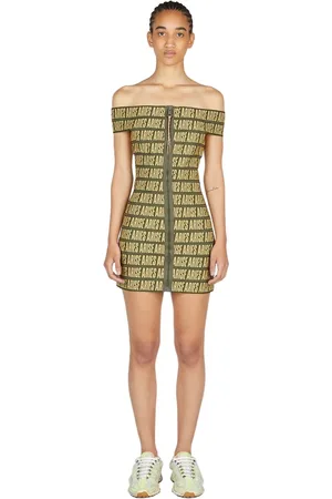 ARIES Kleedjes, Dames, Groen, M, Polyester, Logo Mini Jurk met Off-the-Shoulder Design
