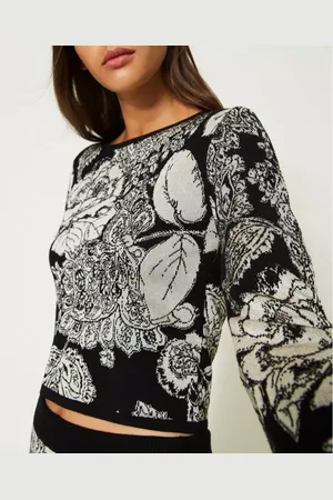 Twin-Set Sweatshirts & Hoodies, Dames, Zwart, M, Kasjmier, Aansluitende Jacquard Cashmere en Rose