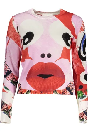 Desigual Truien, Dames, Veelkleurig, XL, Linnen, Roze Linnen Trui met Contrasterende Details