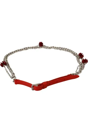 Dolce & Gabbana Accessoires, Dames, Rood, 80 CM, Leer, Rode Bloemen Taille Riem met Logo Details