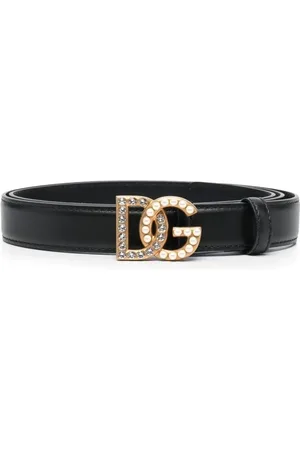 Dolce & Gabbana Accessoires, Dames, Zwart, 80 CM, Leer, Zwarte Leren Riemen met Gouden Logo Gesp