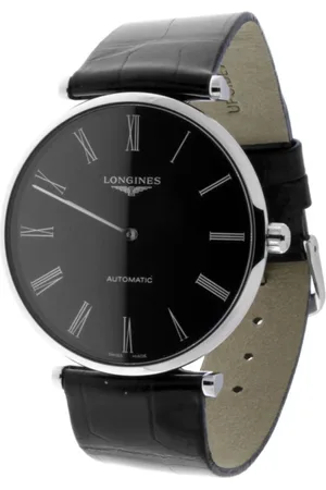 Longines Accessoires, Dames, Zwart, ONE Size, Automatisch zwart wijzerplaat lederen band horloge