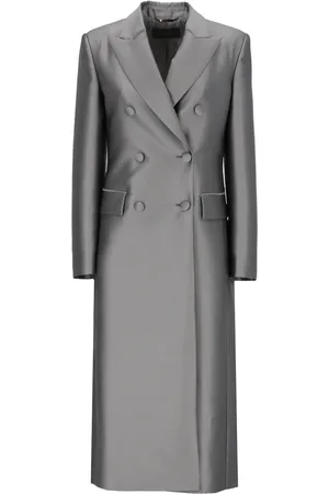 Alberta Ferretti Mantels, Dames, Grijs, S, Zilveren Zijden Blend Dubbelrijige Jas voor Vrouwen