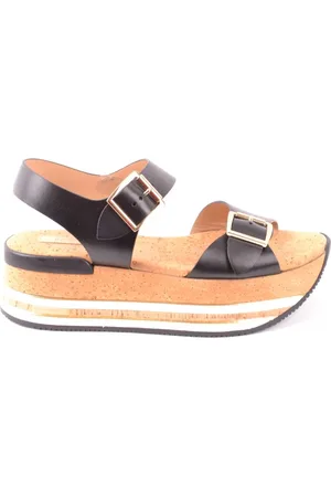 Hogan Schoenen, Dames, Zwart, 38 EU, Leer, Zwarte platte sandalen met glitterpatroon