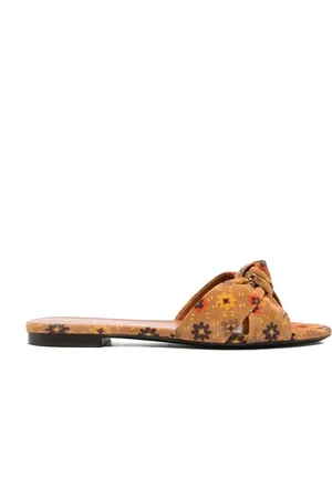 Saint Laurent Schoenen, Dames, Bruin, 39 EU, Leer, Leren Slippers met Bloemenprint