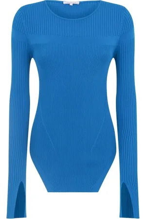 Patrizia Pepe Truien, Dames, Blauw, S, Polyester, Blauwe Geribbelde Trui met Open Manchetten
