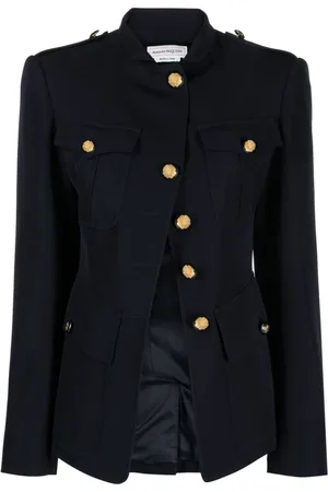 Alexander McQueen Jassen, Dames, Blauw, S, Katoen, Blauwe Asymmetrische Militaire Jas