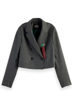 Scotch&Soda Jassen, Dames, Grijs, M, Leer, Gestreepte hoog getailleerde blazer