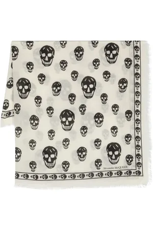 Alexander McQueen Accessoires, Dames, Wit, ONE Size, Wol, Zijden witte wollen sjaal met schedelprint