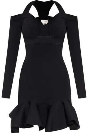 Alexander McQueen Kleedjes, Dames, Zwart, M, Polyester, Uitlopende Geribbelde Jurk met Ruches