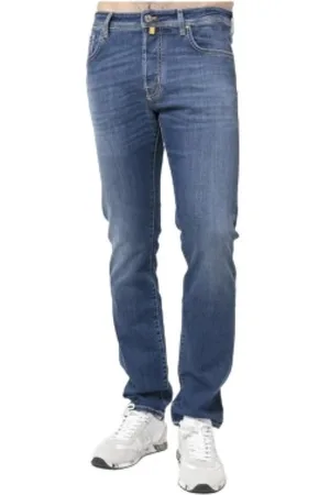 Jacob Cohen Jeans, Heren, Blauw, W35, Katoen, Slim Fit Gewassen Blauwe Jeans met Gele Stiksels