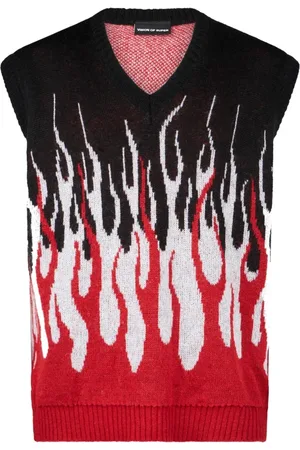 Vision Of Super Truien, Heren, Zwart, L, Jacquard Flames Gilet - Zwart/Wit/Rood