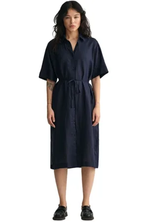GANT Kleedjes, Dames, Blauw, L, Linnen, Linnen Overhemdjurk met Korte Mouwen