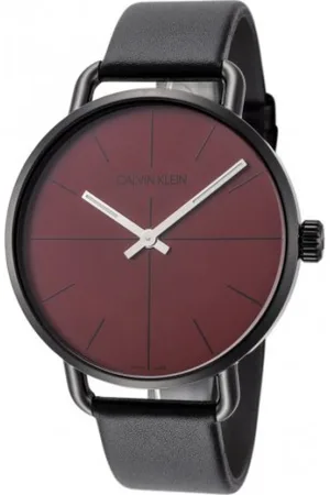 Calvin Klein Accessoires, Dames, Zwart, ONE Size, Elegante Quartz Horloge met Bordeaux Rode Wijzerplaat en Zwarte Leren Band