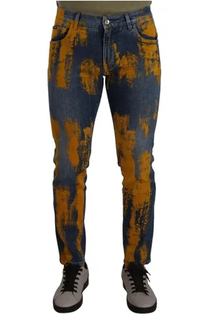 Dolce & Gabbana Jeans, Heren, Veelkleurig, XS, Katoen, Blauw Geel Geverfd Katoenen Skinny Heren Denim Jeans