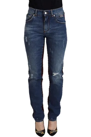 Dolce & Gabbana Jeans, Dames, Blauw, XS, Denim, Blauw geruit achterkant Skinny Denim Jeans