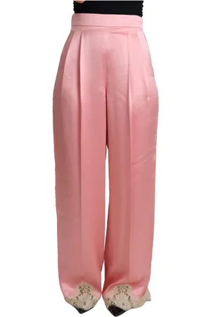 Dolce & Gabbana Broeken, Dames, Roze, S, Katoen, Wijde broek van zijde-mix met kanten afwerking