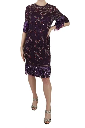 Dolce & Gabbana Kleedjes, Dames, Paars, S, Pailletten, Paarse bloemen kanten jurk met kristallen