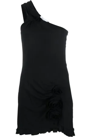 BLUMARINE Kleedjes, Dames, Zwart, S, Leer, Bloemenapplicatie Asymmetrische Minijurk