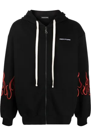 Vision Of Super Sweatshirts & Hoodies, Heren, Zwart, M, Katoen, Zwarte rits hoodie met rode geborduurde vlammen