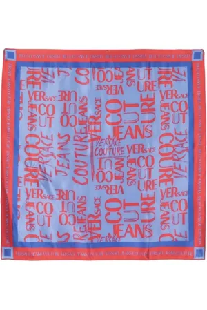 VERSACE Accessoires, Dames, Blauw, ONE Size, Luxe Zijden Sjaal met Logo Print - Blauw