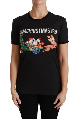 Dolce & Gabbana Tops, Dames, Zwart, M, Katoen, Zwarte Im AChristmas Tree Crewneck T-shirt