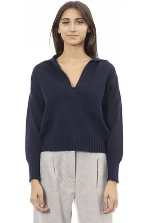 ALPHA STUDIO Truien, Dames, Blauw, M, Wol, Blauwe Wol V-Hals Trui met Voorzak