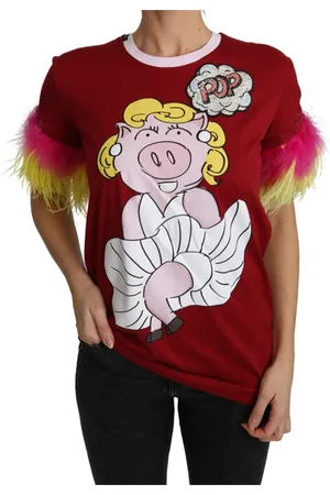 Dolce & Gabbana Tops, Dames, Rood, S, Katoen, T-Shirt 2019 Jaar van het Varken