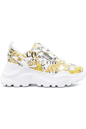 VERSACE Schoenen, Dames, Veelkleurig, 39 EU, Leer, Witte Leren Barok Print Sneakers - Dames Maat 38