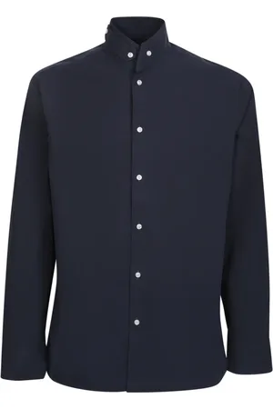 OFFICINE GENERALE Overhemden, Heren, Blauw, M, Katoen, Blauwe Romain Shirt met Hoge Kraag
