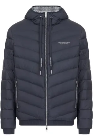 Armani Exchange Jassen, Heren, Blauw, S, Blauwe Gewatteerde Jas met Capuchon