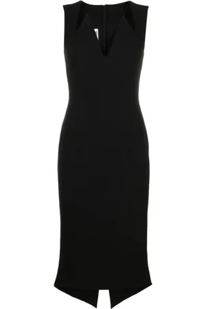 Moschino Kleedjes, Dames, Zwart, M, Leer, Zwarte V-Hals Midi Jurk