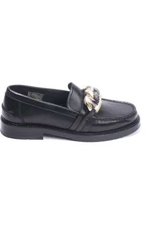 Moschino Schoenen, Dames, Zwart, 37 EU, Leer, Zwarte Leren Chain Mocassin Flats