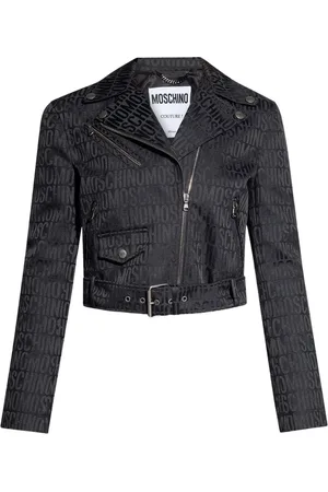 Moschino Jassen, Dames, Zwart, M, Leren jas met logo grafische print en ritssluiting