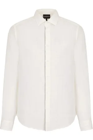 Emporio Armani Overhemden, Heren, Wit, 3Xl, Linnen, Wit linnen overhemd met contrasterend logo
