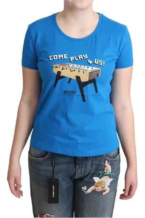 Moschino Tops, Dames, Blauw, L, Katoen, Blauw Katoen Kom Spelen 4 Ons Print T-shirt