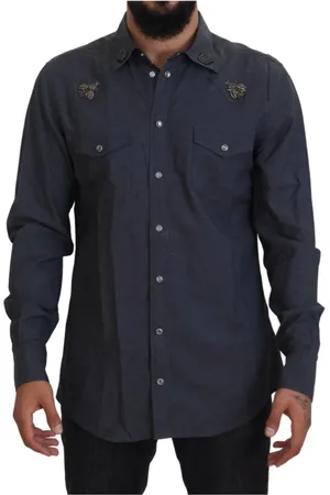 Dolce & Gabbana Overhemden, Heren, Blauw, XL, Denim, Blauwe Denim Crystal Bee Shirt