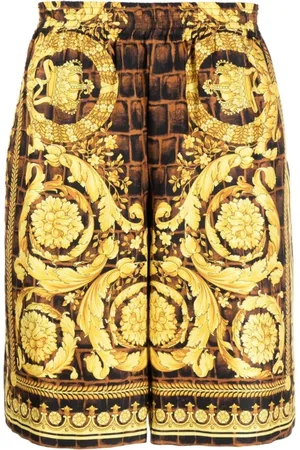 VERSACE Korte broeken, Heren, Geel, L, Barocco Print Zijden Shorts