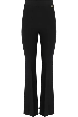 Twin-Set Broeken, Dames, Zwart, M, Zwarte Geribbelde Flare Broek met Gouden Logo Detail