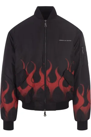 Vision Of Super Jassen, Heren, Zwart, M, Nylon, Zwarte Gewatteerde Bomberjas met Vlammenprint