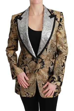 Dolce & Gabbana Jassen, Dames, Zwart, XS, Nylon, Zwart Goud Jacquard Blazer Jas