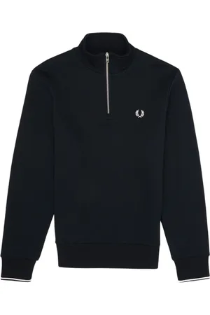 Fred Perry Sweatshirts & Hoodies, Heren, Blauw, L, Katoen, Navy Half Zip Sweatshirt met Strepen op de Rug