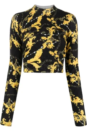 VERSACE Tops, Dames, Zwart, S, Katoen, Zwarte Cropped Chain Couture Trui
